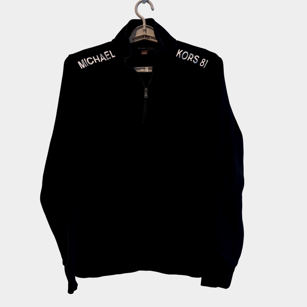 Michael Kors Mens Black Quarter Zip Fleece Pullover Logo Shoulder Graphic Large
